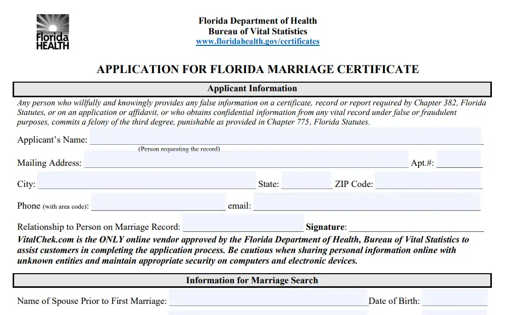 A screenshot of the form from the Department of Health Application for Florida marriage certificate shows the required information the applicant must provide, including the information for marriage search; the Department's logo is at the top left corner.