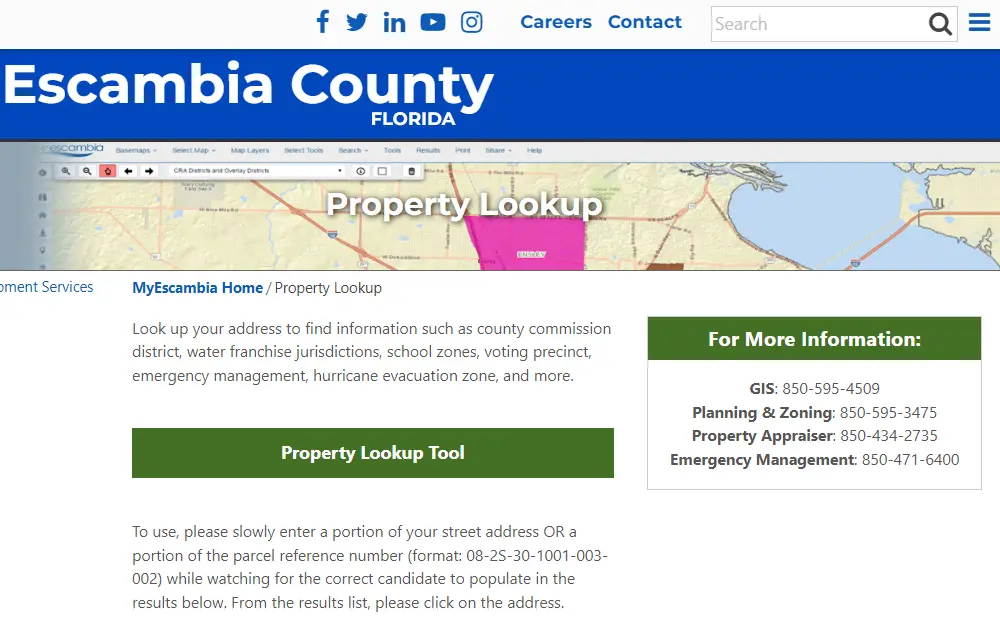 A screenshot of Escambia County's property search tool displays a search guide and contact information for additional assistance.