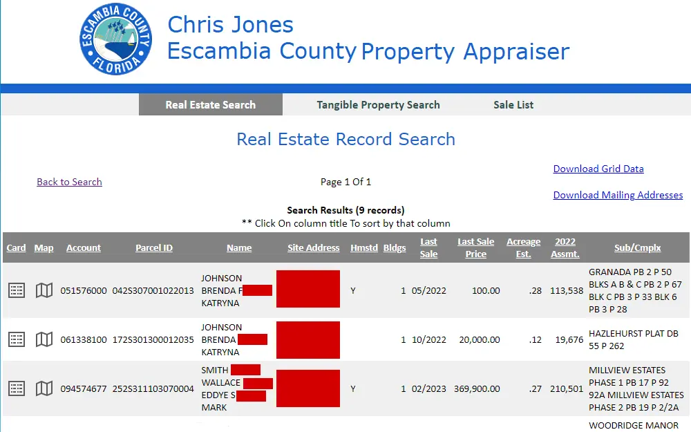A real estate record search result on the Escambia County Property Appraiser website displays a list of properties with their account number, parcel ID, owner's name, site address, and a link to a map to locate the property; the County's property appraiser logo is located at the top of the page.