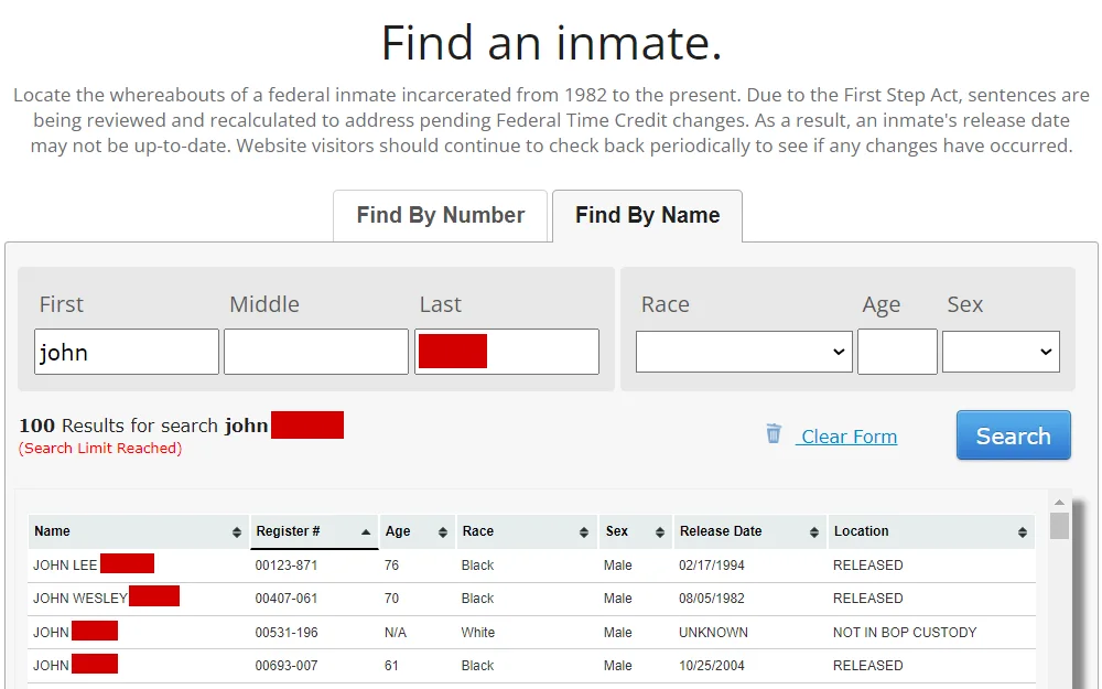 A screenshot of the Federal Bureau of Prisons' inmate search (Find By Name) displays a list of offenders with their full name, register number, age, race, sex, release date, and location.
