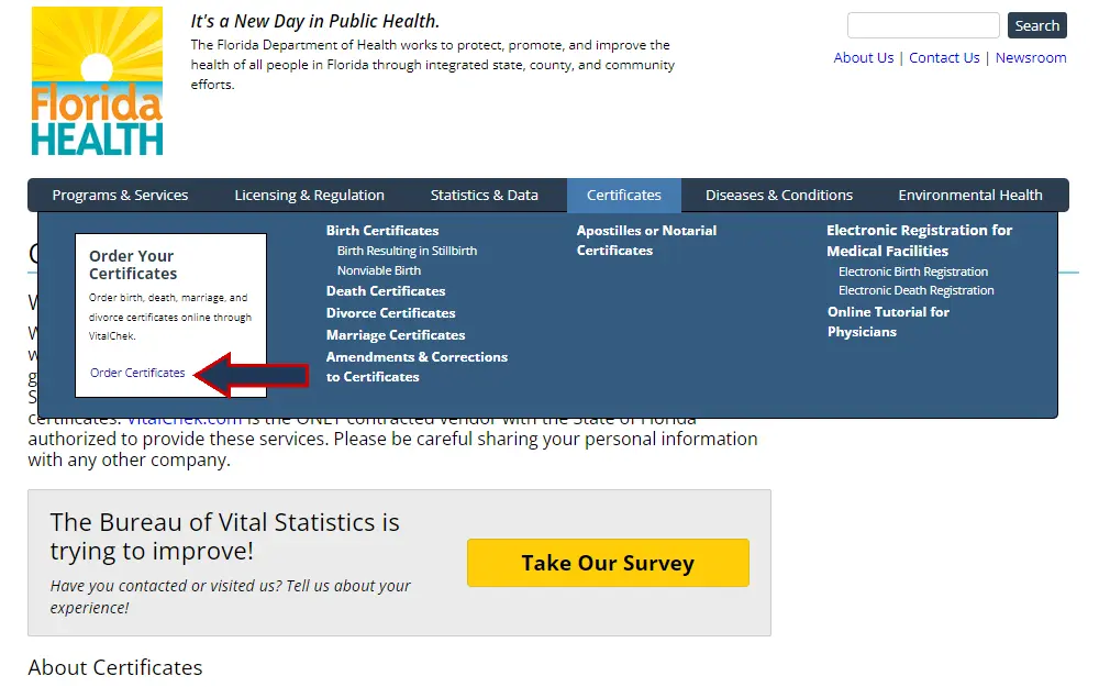 A screenshot from the Florida Department of Health showing the available certificates that can be obtained from their website and a link to order certificates online; the logo of the Department is at the top left corner.