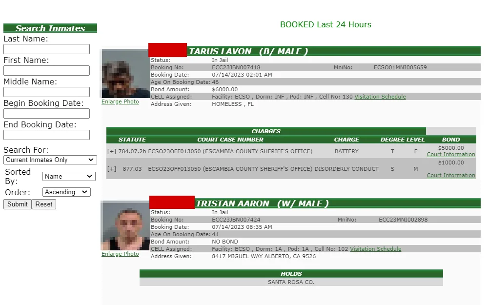A screenshot taken from Escambia County Inmate look-up shows the required fields to search, which include the inmate's full name, begin booking date, end booking date, and an option to sort the result from the dropdown, submit and reset button at the bottom, alongside was the information of offenders booked for the last 24 hours.