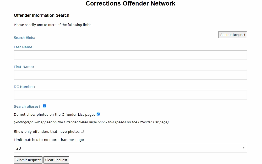 A screenshot from the Florida Department of Corrections page shows the offender information request tab; users must input the offender's last name and first name to request, include the DC number to narrow the result, and submit and clear the request button at the bottom.