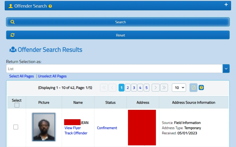 An image showing the Florida Sexual Offenders and Predators Registry from the Florida Department of Law Enforcement displays the offender search results, which include the inmate mugshots, full name, status, and address, search button at the top to filter the result. 