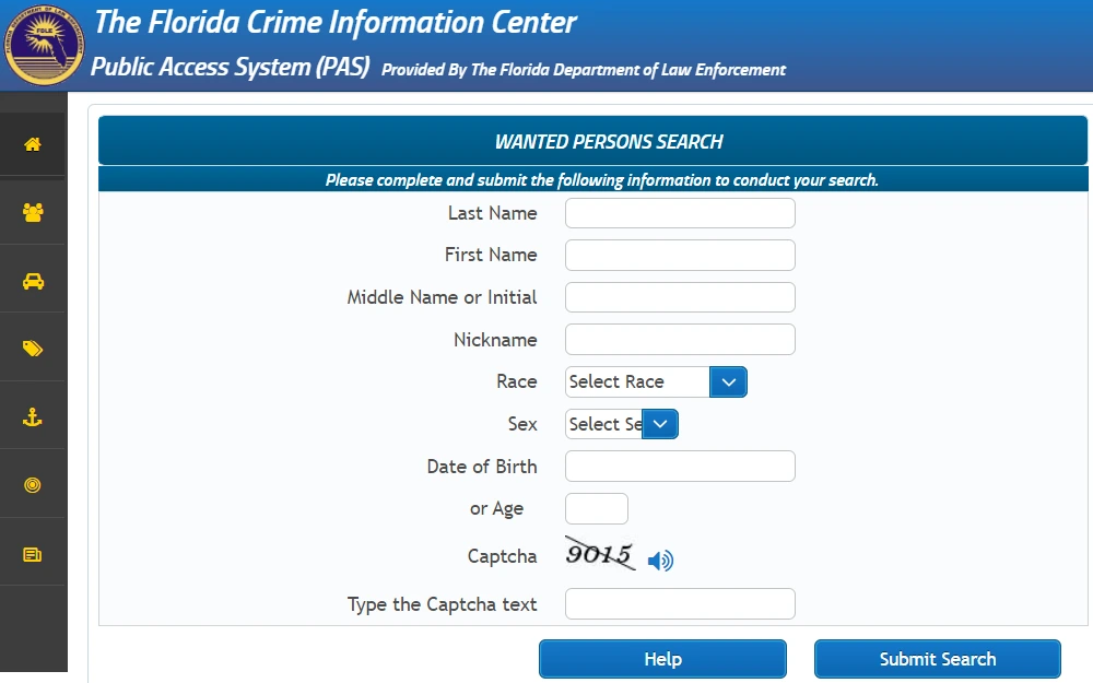 The Public Access System provided by the Florida Department of Law Enforcement Wanted Person Search page screenshot shows the required information to conduct a search which includes the offender's full name, nickname, race, sex (from the dropdown), DOB or age, and a captcha to verify that the user is human, help and submit button at the bottom.
