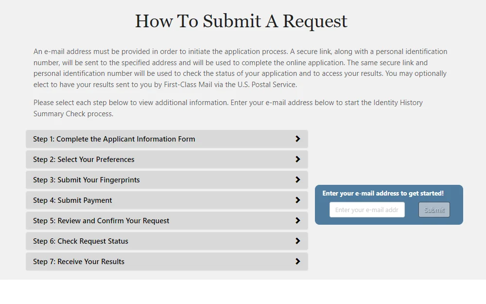 A screenshot from the Federal Bureau of Investigations shows the seven steps to submit a request such as (1) Complete the application form, (2) Select Preferences, (3) Submit fingerprints, (4) Payment, (5) Review and confirm the request, (6) Check request status and (7) Receive results.