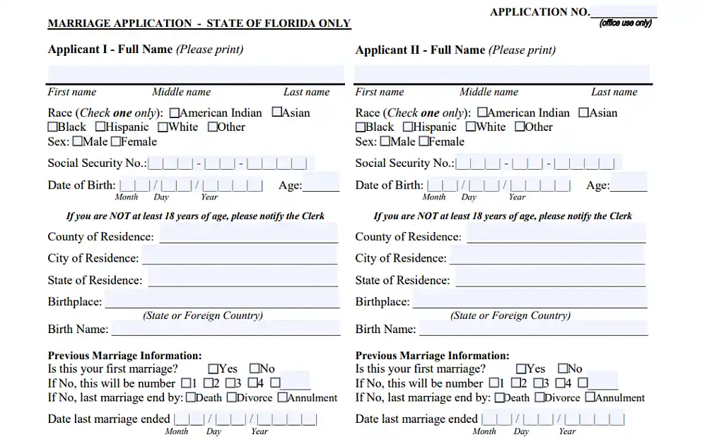 A screenshot displaying a marriage application for the state of Florida only needing some information such as first, middle and last name of the applicants, social security number, date of birth, residence details and others.