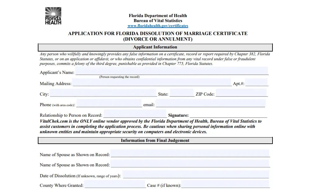 A screenshot of the application form from the Florida Department of Health shows the applicant information section and final judgment.