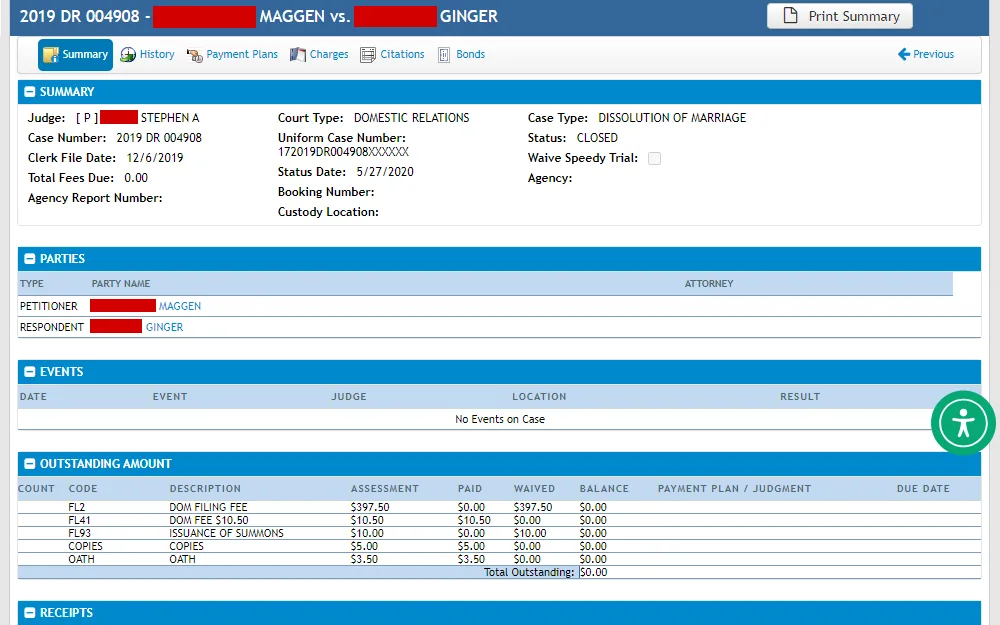 A screenshot of an expanded case detail from the Escambia County Clerk of the Circuit Court & Comptroller page displaying the party and case information, including summary and outstanding amounts.