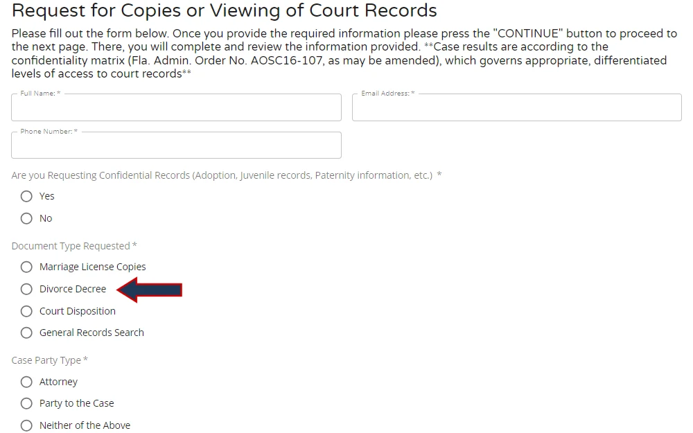A screenshot of the online request form from the Escambia County Clerk of the Circuit Court & Comptroller requires searchers to input their personal information and then select the type of record requested. 