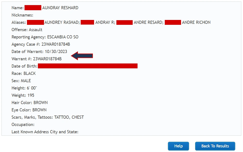 Screenshot of a wanted person's details showing their basic information, offense, agency, and warrant information.