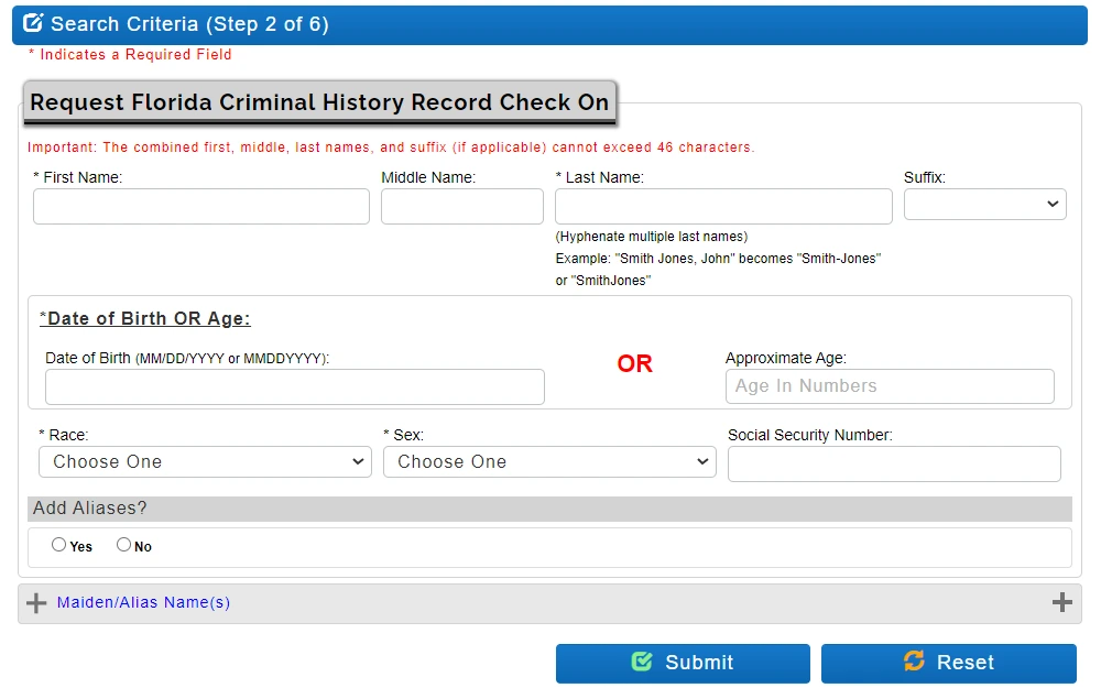 Screenshot of the second step of the instant search for criminal record request with field provided for the name, birthdate, age, race, sex, and social security number of the person whom history is being requested.