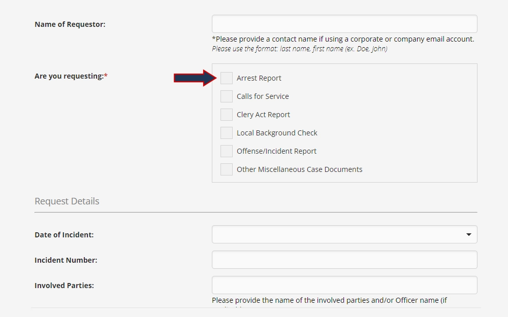 Screenshot of the criminal records request submission with fields for the name of requestor, date of incident, incident number, and involved parties, as well as tick boxes for type of report requested.