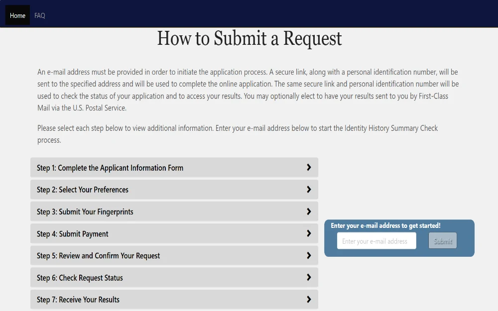 A screenshot from the Federal Bureau of Investigations shows the seven steps to submit a request such as (1) Complete the application form, (2) Select Preferences, (3) Submit fingerprints, (4) Payment, (5) Review and confirm the request, (6) Check request status and (7) Receive results.