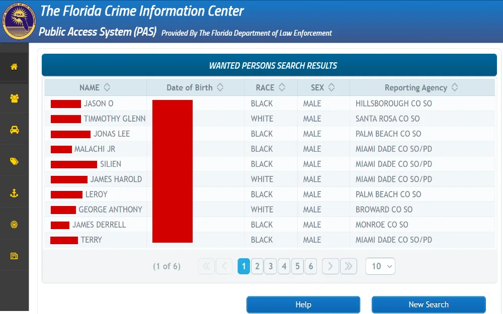 A list of wanted individuals (page 1 out of 50) with their full name, date of birth, race, gender, and reporting agency; at the bottom, help and a new search button.