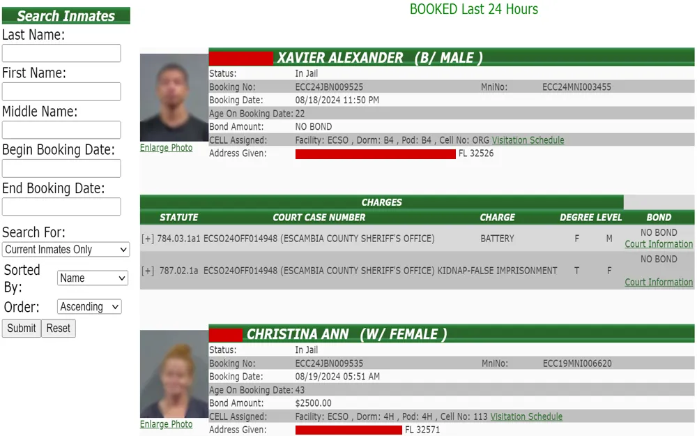 The image shows the booking details of two inmates at Escambia County Sheriff's Office, including their names, booking dates, charges, bond amounts, and addresses, with photos of each inmate on the left.