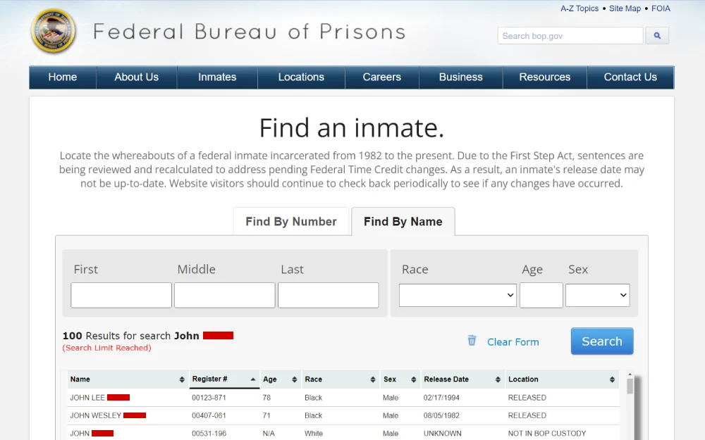 The image shows the Federal Bureau of Prisons website's "Find an inmate" search results page, displaying a list of 100 results, including details like register number, age, race, sex, release date, and location.